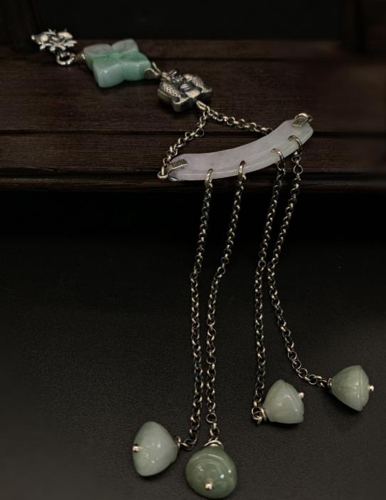 Handmade Chinese Jade Tassel Brooch Accessories National Silver Pendant