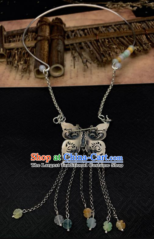Handmade Chinese Silver Butterfly Necklace Accessories National Jade Tassel Necklet Pendant