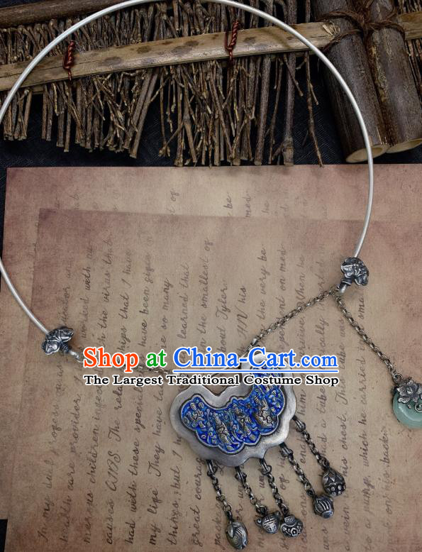 Handmade Chinese Blueing Longevity Lock Necklace Accessories National Silver Necklet Pendant