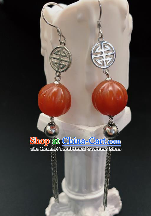 China Traditional Cheongsam Agate Ear Accessories National Silver Tassel Earrings Jewelry