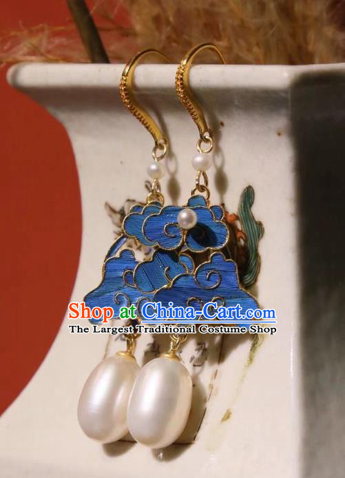 Chinese Cheongsam Blueing Cloud Ear Accessories Traditional Culture Jewelry Pearls Earrings