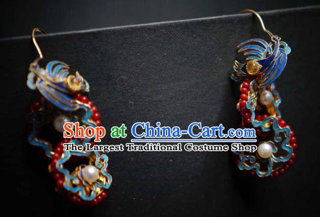 Handmade Chinese Cheongsam Coral Beads Ear Accessories Traditional Culture Jewelry Blueing Crane Earrings