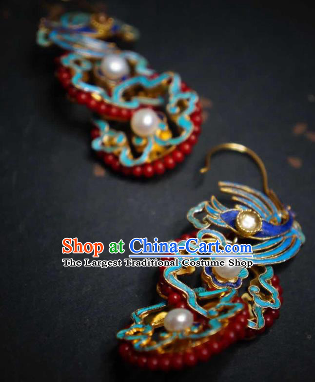 Handmade Chinese Cheongsam Coral Beads Ear Accessories Traditional Culture Jewelry Blueing Crane Earrings