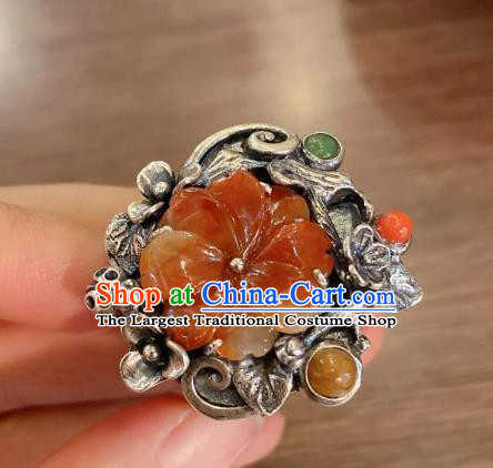 Chinese Handmade National Agate Circlet Wedding Jewelry Silver Plum Blossom Finger Ring