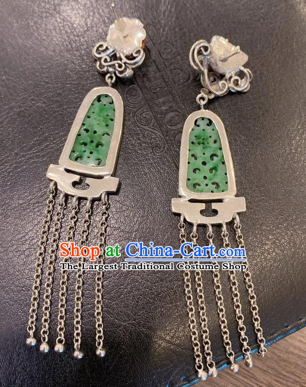 China Classical Wedding Silver Tassel Earrings Traditional Handmade Jadeite Carving Ear Accessories