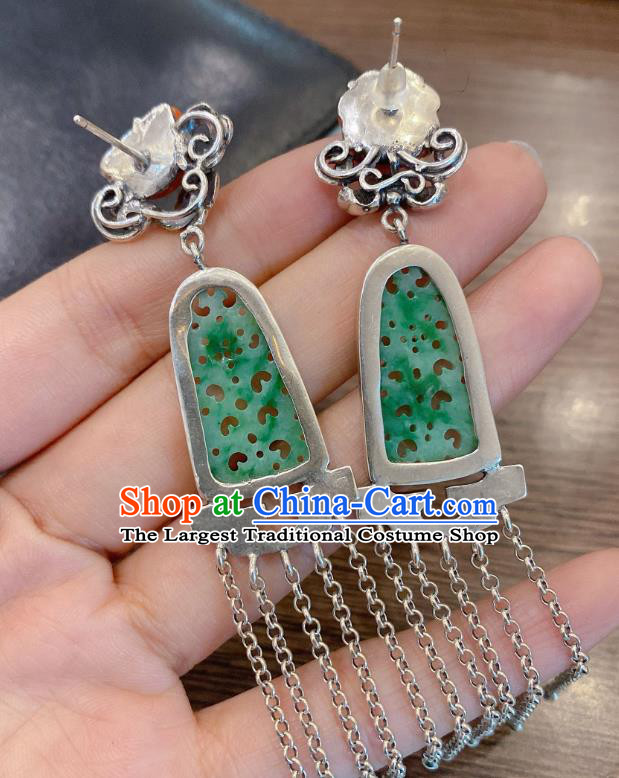China Classical Wedding Silver Tassel Earrings Traditional Handmade Jadeite Carving Ear Accessories