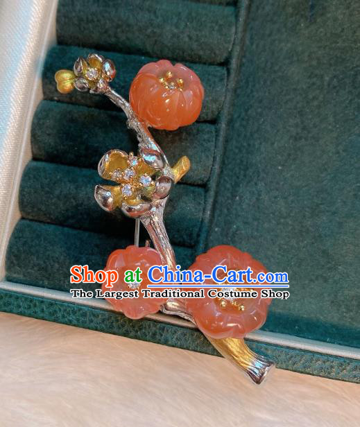 Handmade Chinese National Silver Breastpin Traditional Agate Plum Blossom Brooch Accessories