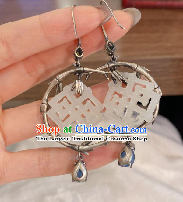 China Classical Silver Bamboo Earrings Traditional Handmade Hetian Jade Ear Accessories