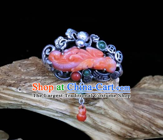 Chinese Handmade Agate Carving Ring National Jewelry Silver Gourd Circlet