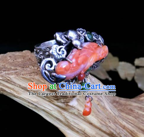 Chinese Handmade Agate Carving Ring National Jewelry Silver Gourd Circlet