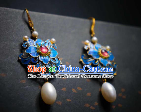 Handmade Chinese Cheongsam Pearls Ear Accessories Traditional Culture Jewelry Blue Peony Earrings