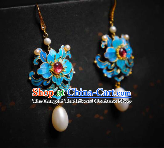 Handmade Chinese Cheongsam Pearls Ear Accessories Traditional Culture Jewelry Blue Peony Earrings