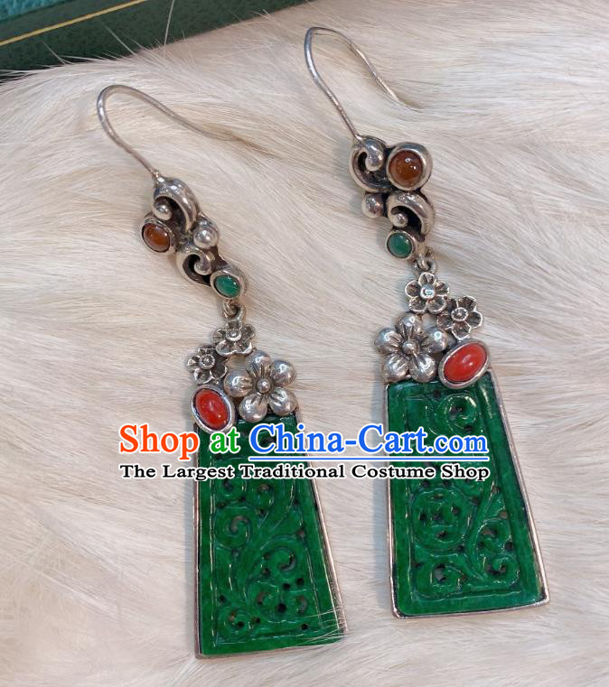 China Classical Cheongsam Jadeite Earrings Traditional Handmade Silver Plum Ear Accessories