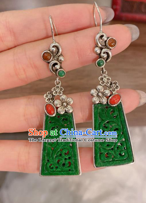 China Classical Cheongsam Jadeite Earrings Traditional Handmade Silver Plum Ear Accessories