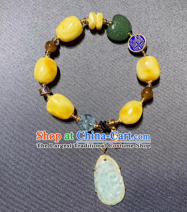 Handmade Chinese Jadeite Bracelet Traditional Beeswax Wristlet Accessories