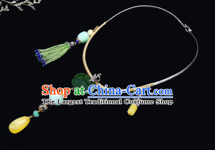 Handmade Chinese National Jadeite Necklace Traditional Beeswax Necklet Accessories