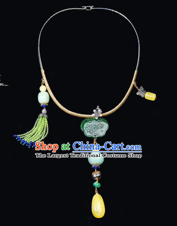 Handmade Chinese National Jadeite Necklace Traditional Beeswax Necklet Accessories