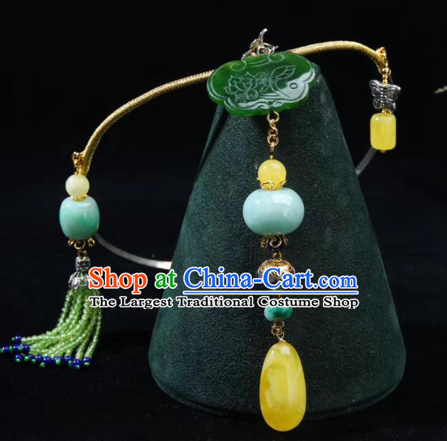 Handmade Chinese National Jadeite Necklace Traditional Beeswax Necklet Accessories