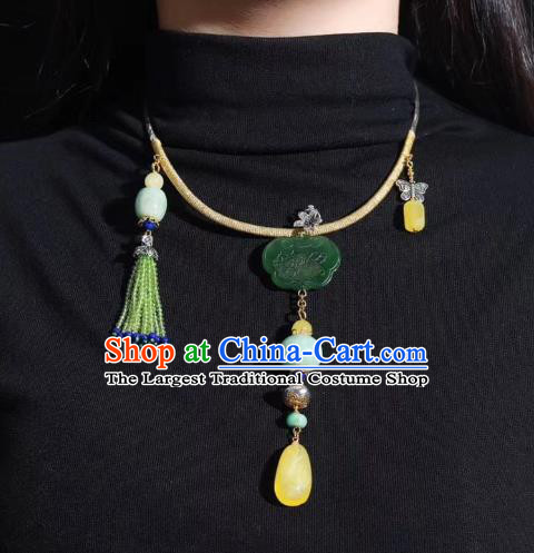 Handmade Chinese National Jadeite Necklace Traditional Beeswax Necklet Accessories