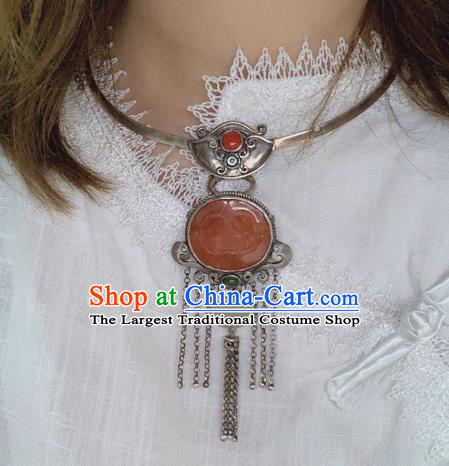 Handmade Chinese Jade Ingot Necklace Accessories National Agate Carving Lotus Necklet Pendant