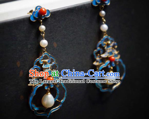 Handmade Chinese Cheongsam Pearls Ear Accessories Traditional Culture Jewelry Blueing Palace Earrings