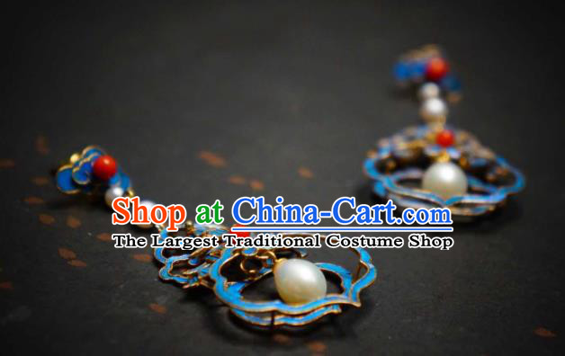 Handmade Chinese Cheongsam Pearls Ear Accessories Traditional Culture Jewelry Blueing Palace Earrings