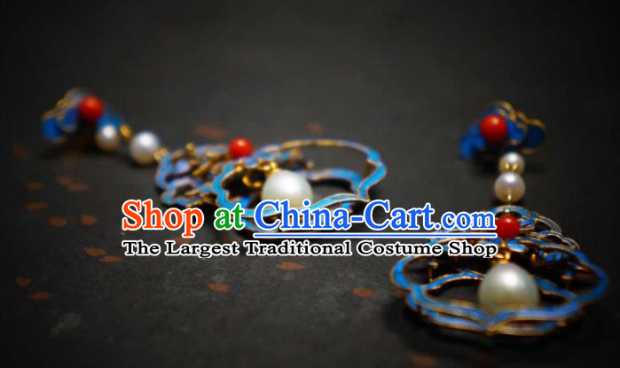 Handmade Chinese Cheongsam Pearls Ear Accessories Traditional Culture Jewelry Blueing Palace Earrings