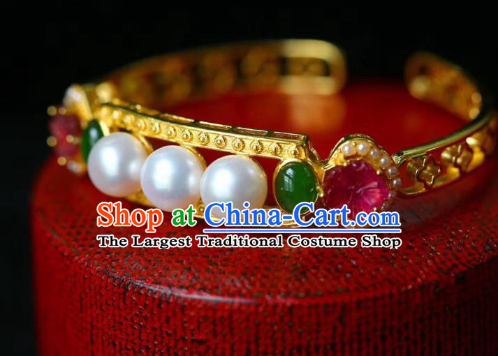 Handmade Chinese Qing Dynasty Golden Bracelet Traditional Gems Wristlet Accessories