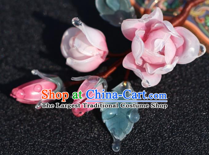 China Hanfu Pink Flowers Hair Stick Classical Ming Dynasty Hairpin Traditional Hair Accessories