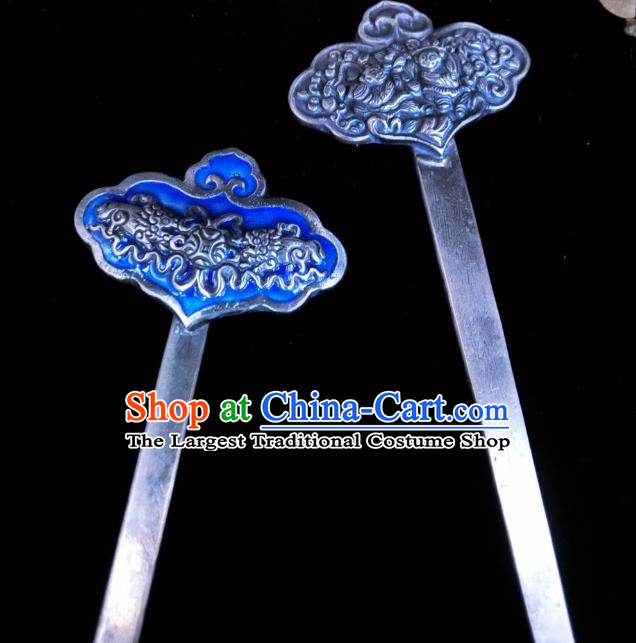 China Traditional Hair Accessories Classical Silver Carving Bat Hairpin Handmade Blueing Hair Stick