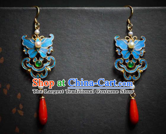 Handmade Chinese Cheongsam Blue Butterfly Ear Accessories Traditional Culture Jewelry Emerald Earrings