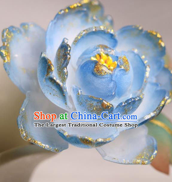 China Hanfu Blue Peony Hair Stick Classical Hair Accessories Traditional Ming Dynasty Princess Hairpin