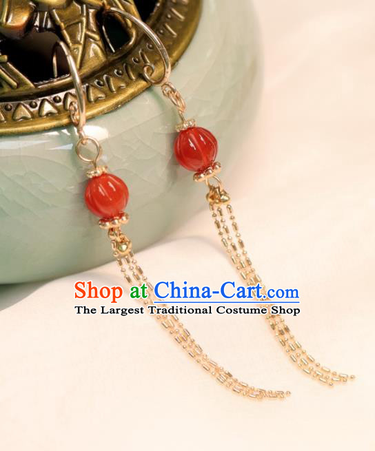 Chinese Handmade Golden Tassel Ear Accessories Traditional Song Dynasty Agate Lantern Earrings