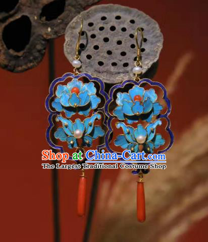 Handmade Chinese Cheongsam Agate Ear Accessories Traditional Culture Jewelry Blue Peony Earrings