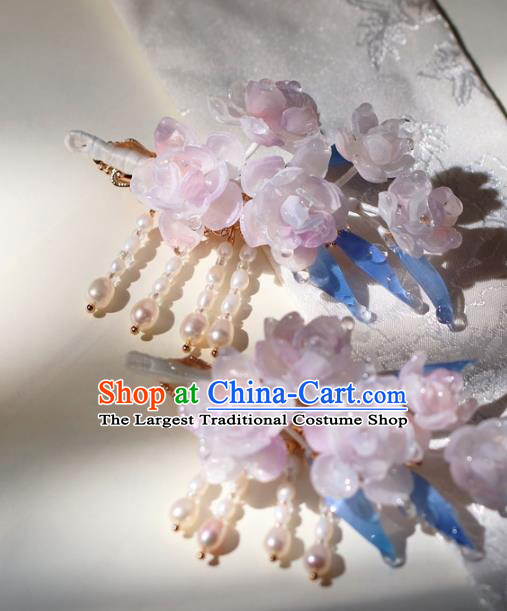 China Traditional Ming Dynasty Princess Pink Flowers Hairpin Classical Hair Accessories Hanfu Pearls Tassel Hair Stick
