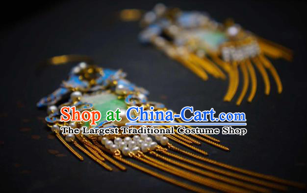 Handmade Chinese Cheongsam Blueing Pearls Ear Accessories Traditional Culture Jewelry Jade Earrings