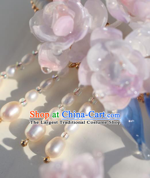 China Traditional Ming Dynasty Princess Pink Flowers Hairpin Classical Hair Accessories Hanfu Pearls Tassel Hair Stick