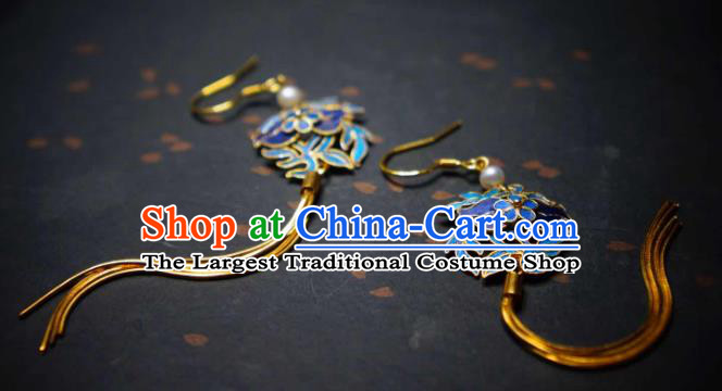 Handmade Chinese Cheongsam Blueing Ear Accessories Traditional Culture Jewelry Golden Long Tassel Earrings