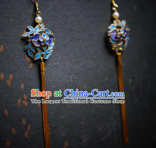 Handmade Chinese Cheongsam Blueing Ear Accessories Traditional Culture Jewelry Golden Long Tassel Earrings
