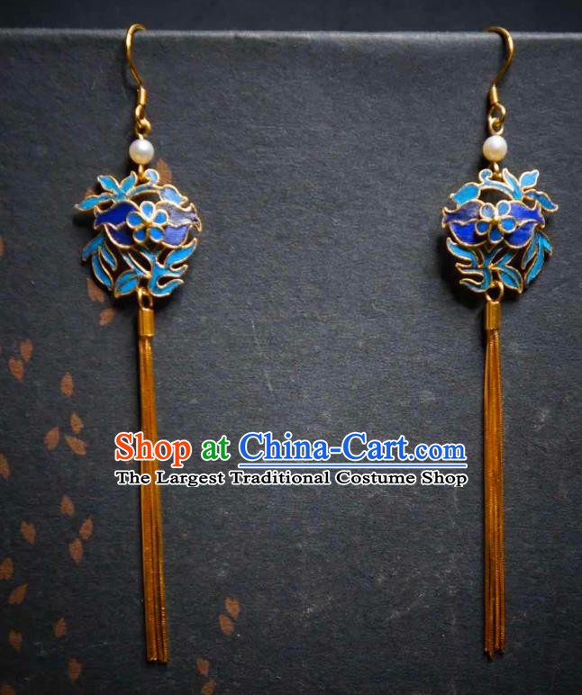 Handmade Chinese Cheongsam Blueing Ear Accessories Traditional Culture Jewelry Golden Long Tassel Earrings