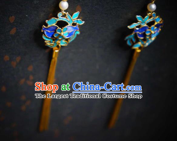 Handmade Chinese Cheongsam Blueing Ear Accessories Traditional Culture Jewelry Golden Long Tassel Earrings