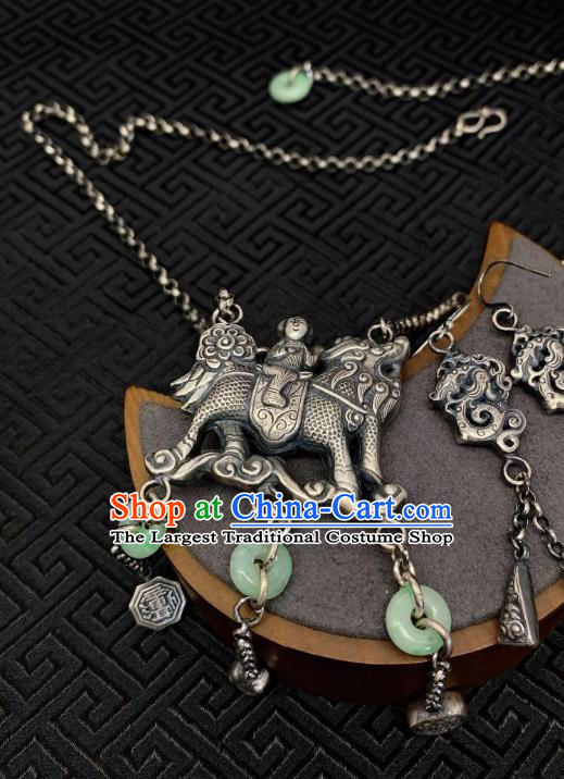 Handmade Chinese Necklace Accessories National Jadeite Necklet Pendant Silver Longevity Lock