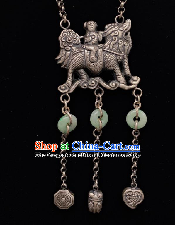 Handmade Chinese Necklace Accessories National Jadeite Necklet Pendant Silver Longevity Lock