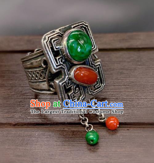 Chinese Handmade Silver Ring National Jadeite Agate Circlet Jewelry