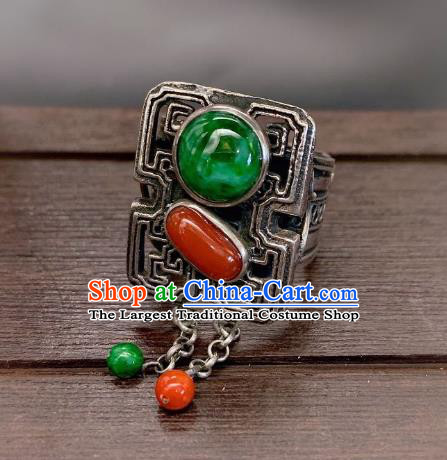 Chinese Handmade Silver Ring National Jadeite Agate Circlet Jewelry