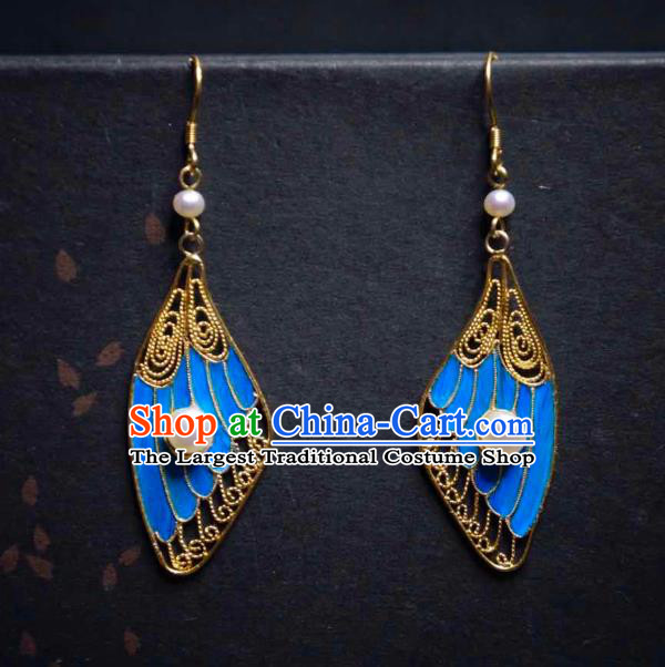Handmade Chinese Blueing Wing Earrings Traditional Culture Jewelry Cheongsam Pearls Ear Accessories