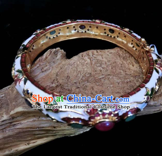 Handmade Chinese National Enamel White Bracelet Gems Bangle Wristlet Accessories