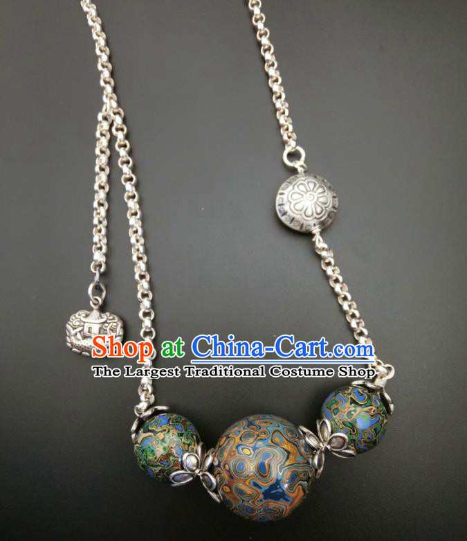 Handmade Chinese National Silver Necklace Traditional Lacquerware Necklet Accessories
