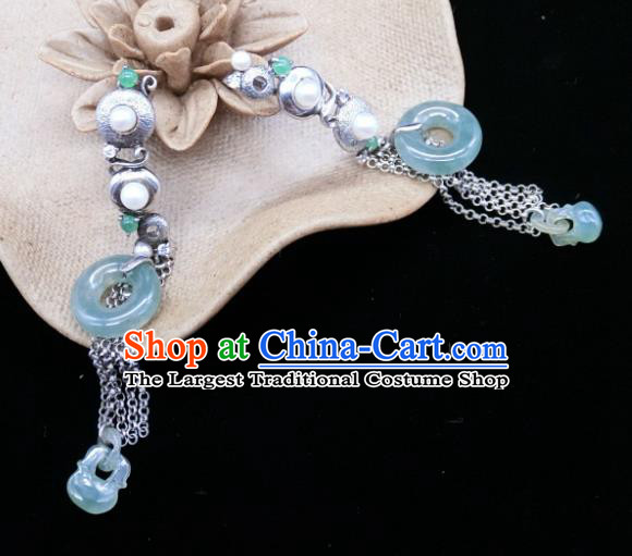 China Handmade Classical Jade Peace Buckle Earrings Traditional Silver Pearls Ear Accessories