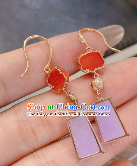 China Classical Pink Jade Earrings Traditional Handmade Agate Carving Peony Ear Accessories